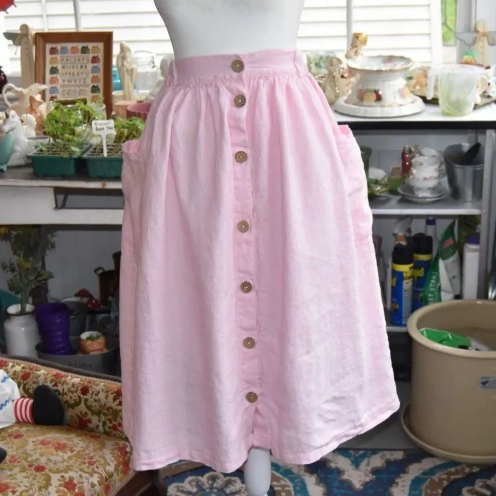 Y2K Does 50s Pink Linen Button Front Midi Skirt Pockets Cottagecore Size S